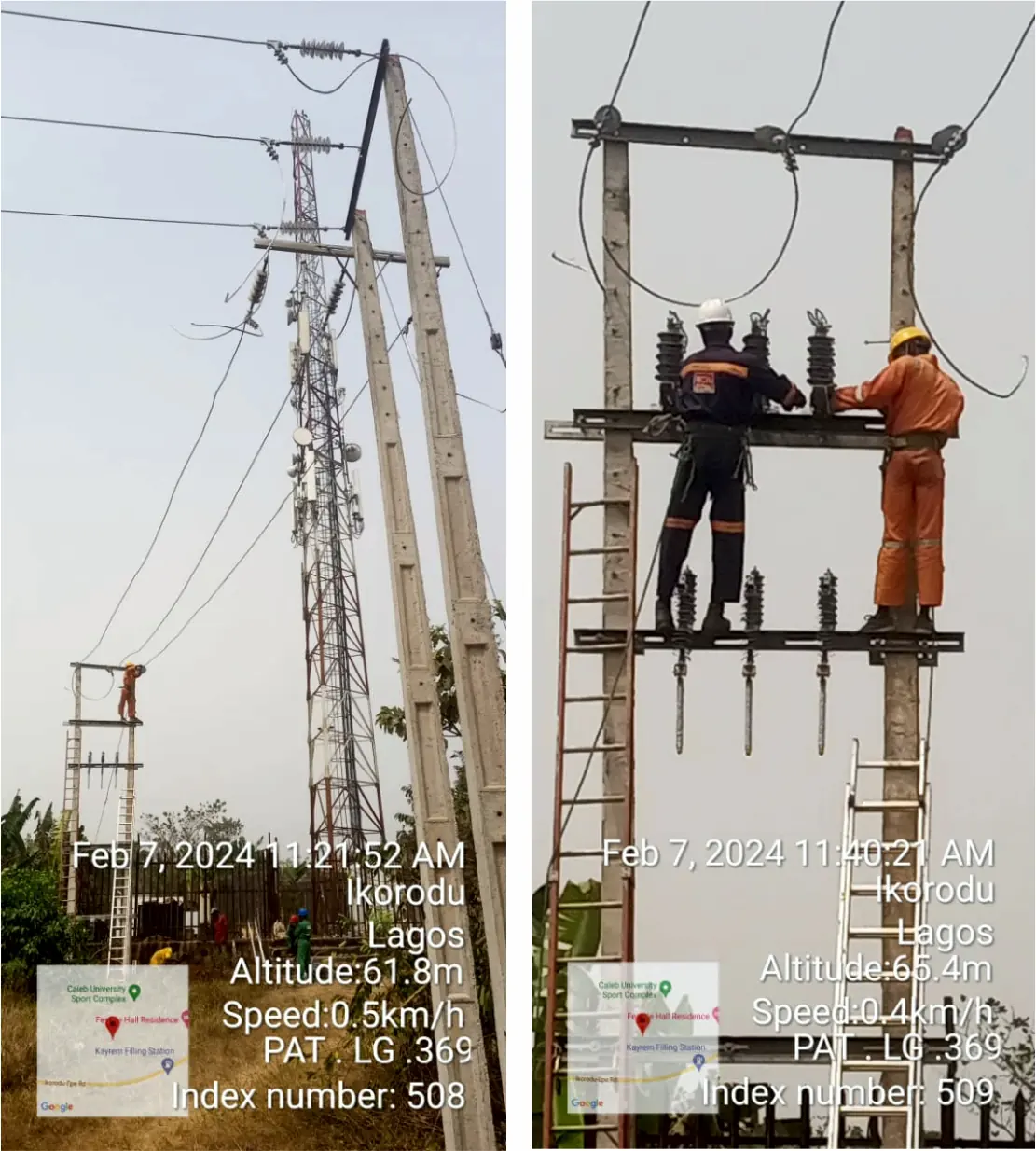 Ionir linemen installing 11kV isolators for a Pan African Towers site in Ikorodu