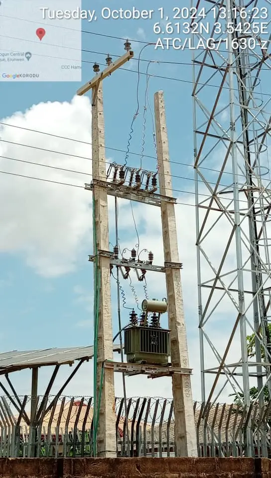 Energised 11kV pole-mounted substation at a telecom site in Lagos