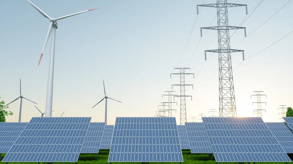 Solar panels and wind turbines in a hybrid renewable energy system